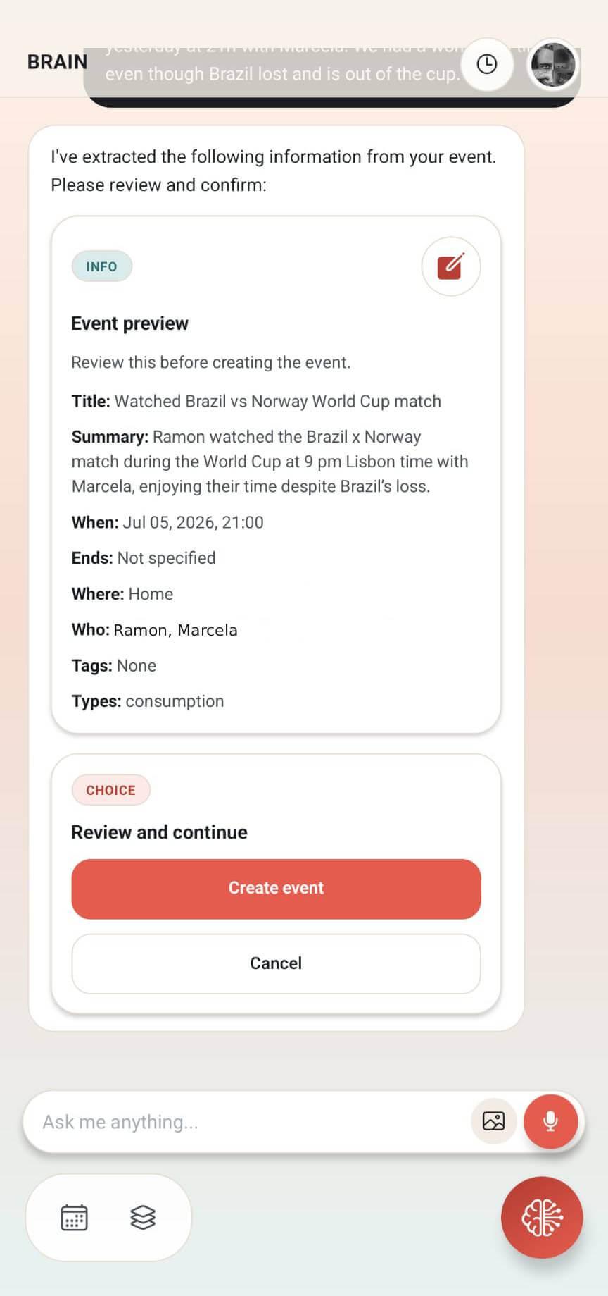 Digital Brain event extraction screen with a review and create-event confirmation.