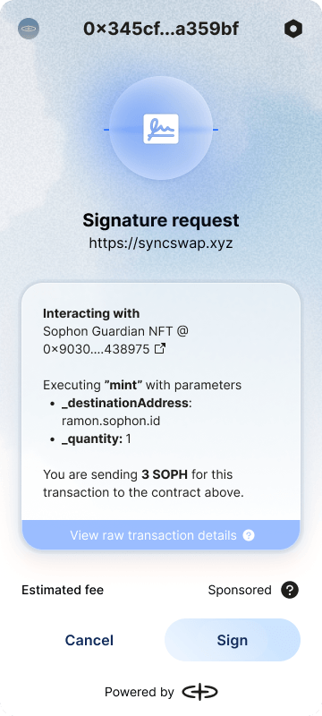Sophon account control interface shown as selected product work.