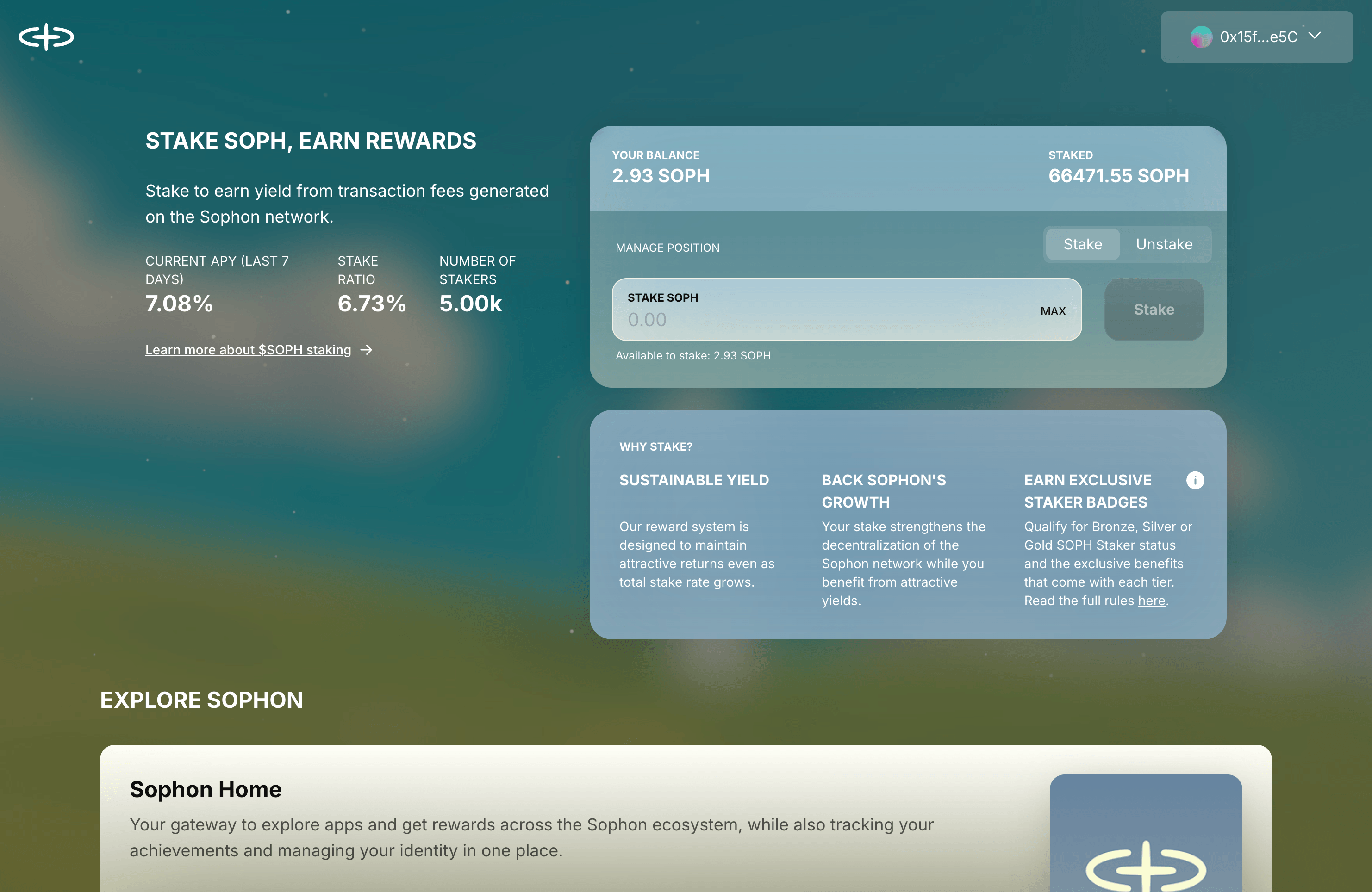 Sophon staking interface shown as selected product work.