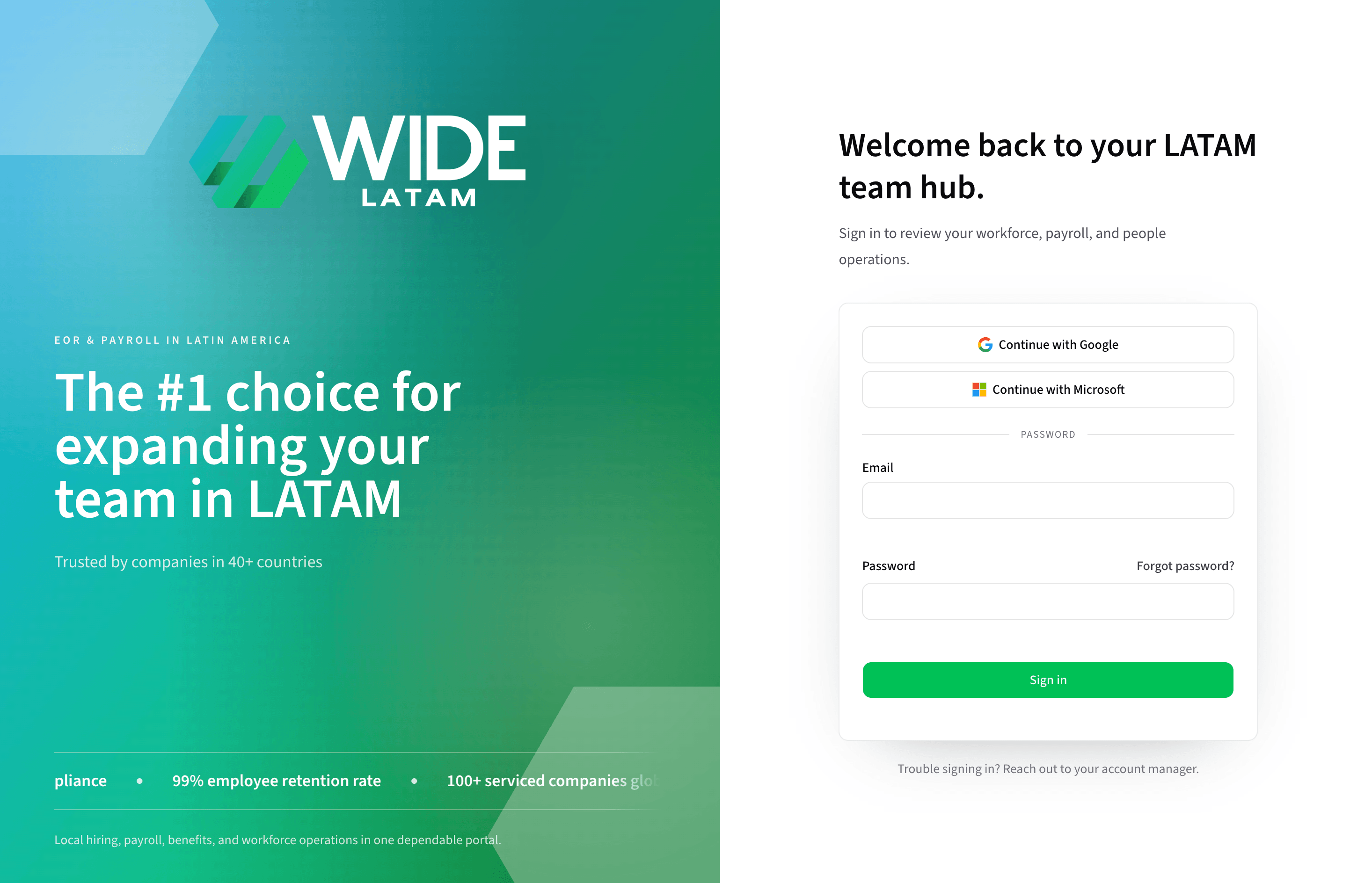 WIDE Latam website login page shown as selected product work.