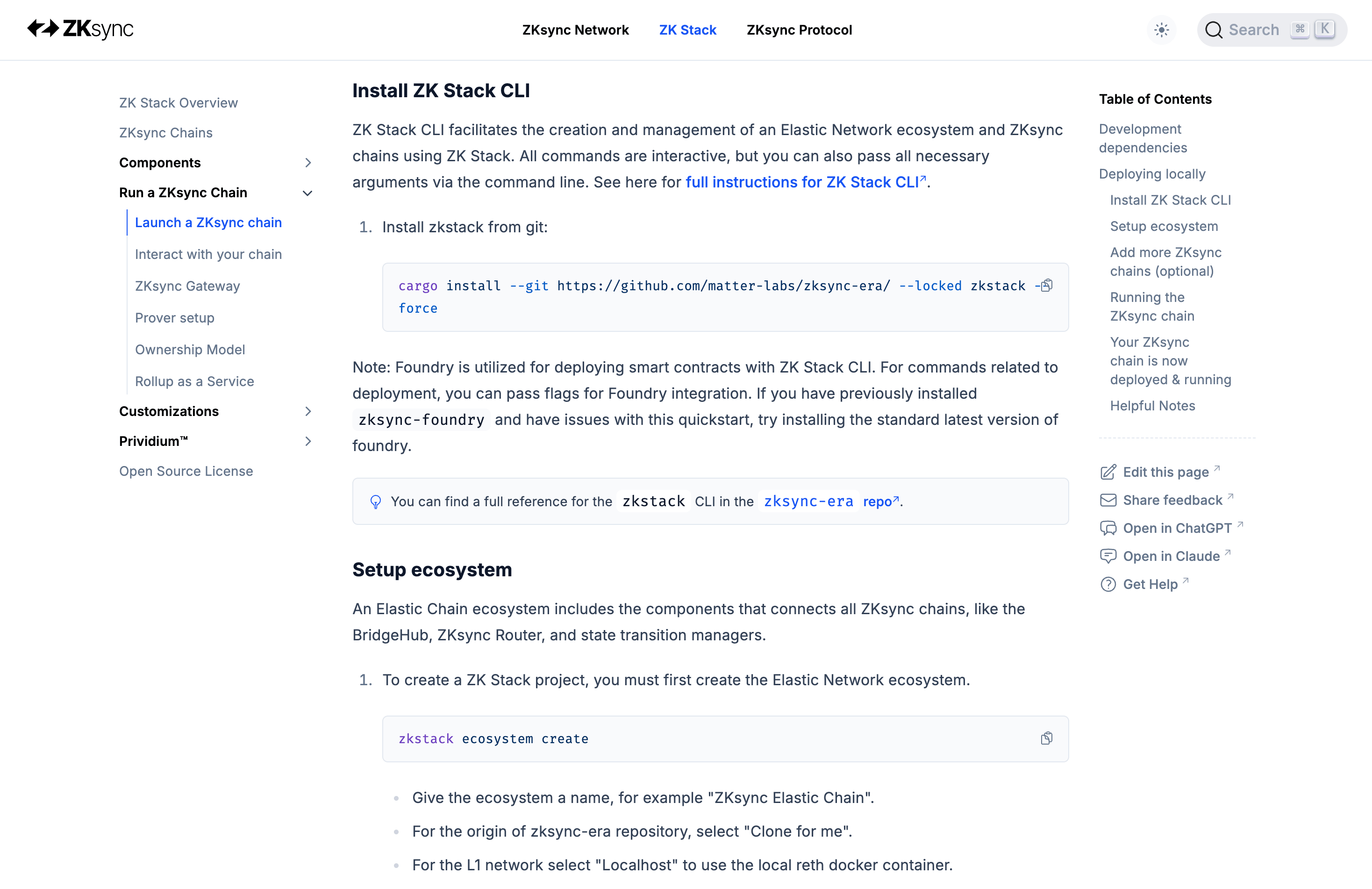 ZK Stack docs page shown as selected product work.