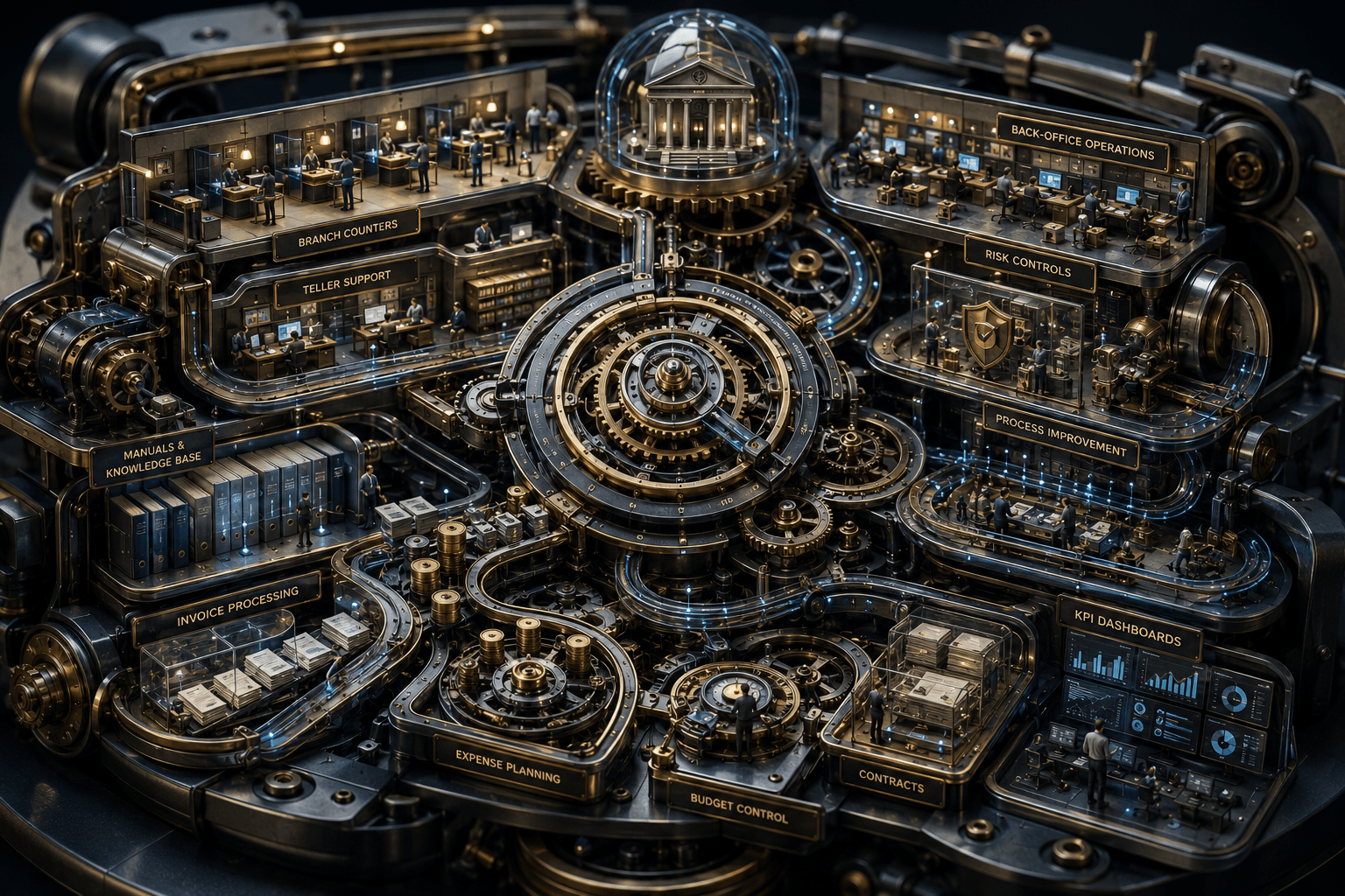 Banking operations environment representing process systems and planning work.
