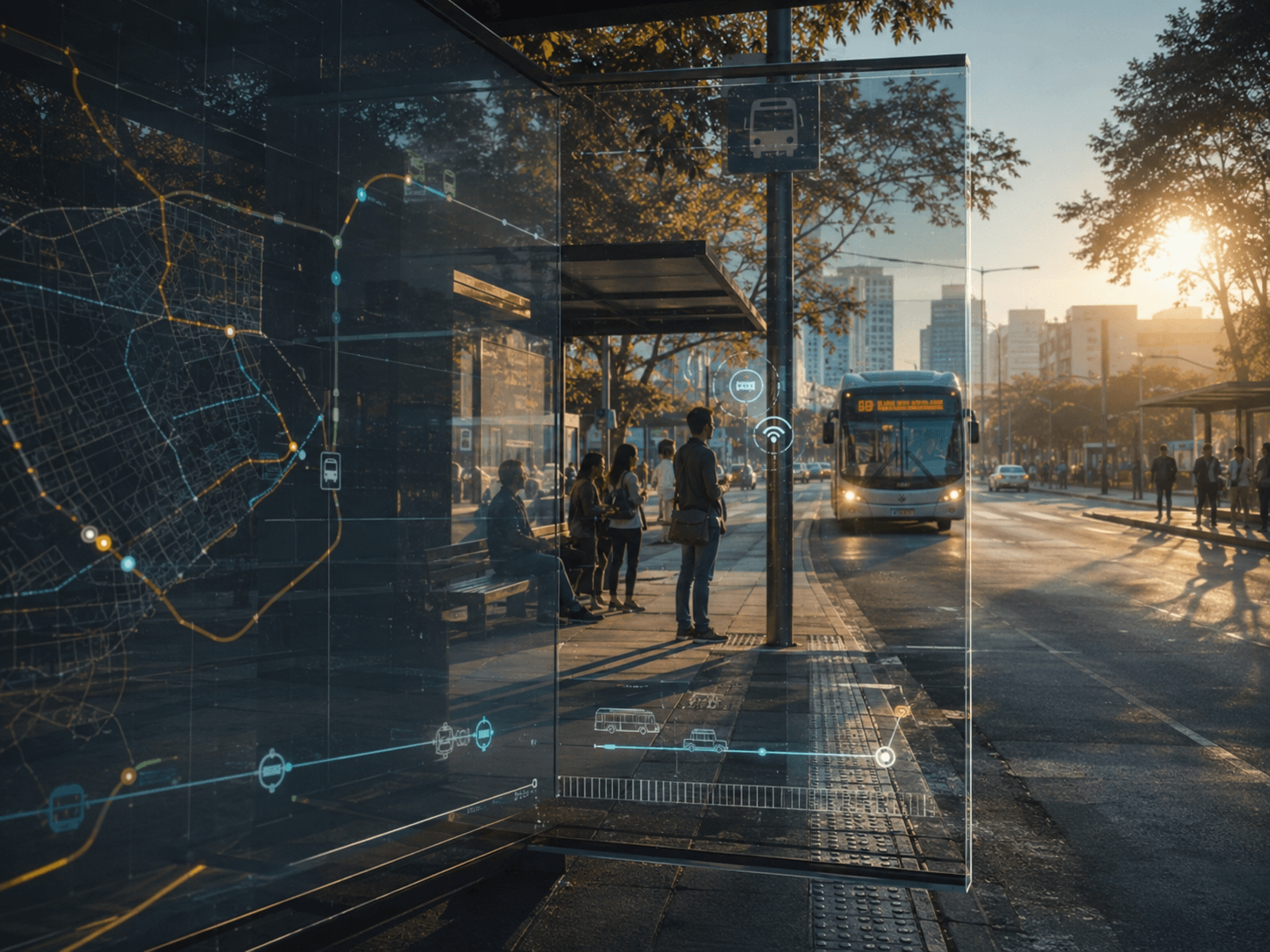 Urban mobility control environment representing real-time transit systems.